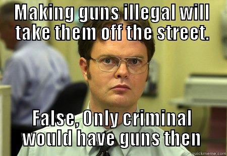 MAKING GUNS ILLEGAL WILL TAKE THEM OFF THE STREET. FALSE, ONLY CRIMINAL WOULD HAVE GUNS THEN Schrute