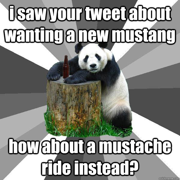 i saw your tweet about wanting a new mustang how about a mustache ride instead?  Pickup-Line Panda