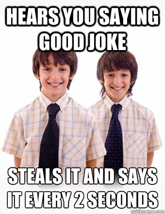 hears you saying good joke steals it and says it every 2 seconds 
  stupid sibling