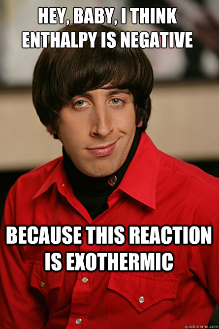 Hey, Baby, I think Enthalpy is negative Because this reaction is Exothermic  Pickup Line Scientist