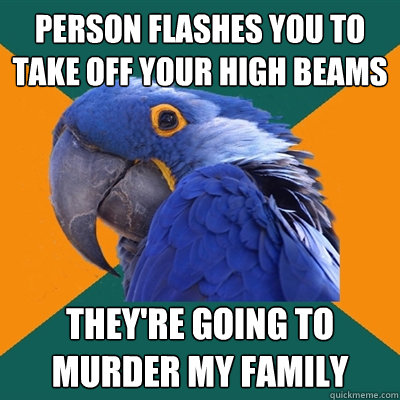 person flashes you to take off your high beams They're going to murder my family  Paranoid Parrot