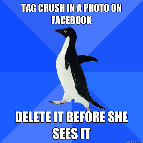 Tag crush in a photo on facebook Delete it before she sees it  Socially Awkward Penguin