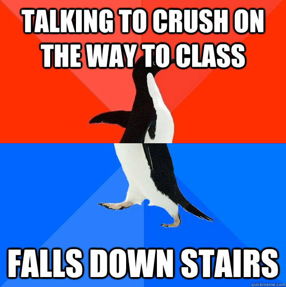 Talking to crush on the way to class falls down stairs  Socially Awesome Awkward Penguin