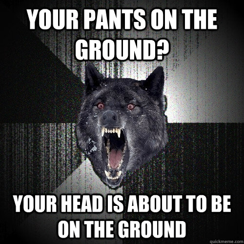 your pants on the ground? your head is about to be on the ground   Insanity Wolf
