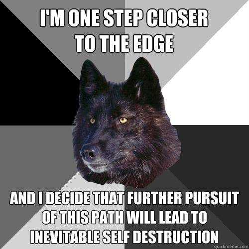 I'm one step closer to the edge and i decide that further pursuit of this path will lead to inevitable self destruction - I'm one step closer to the edge and i decide that further pursuit of this path will lead to inevitable self destruction  Sanity Wolf