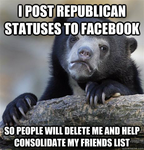 I post republican statuses to facebook so people will delete me and help consolidate my friends list  Confession Bear
