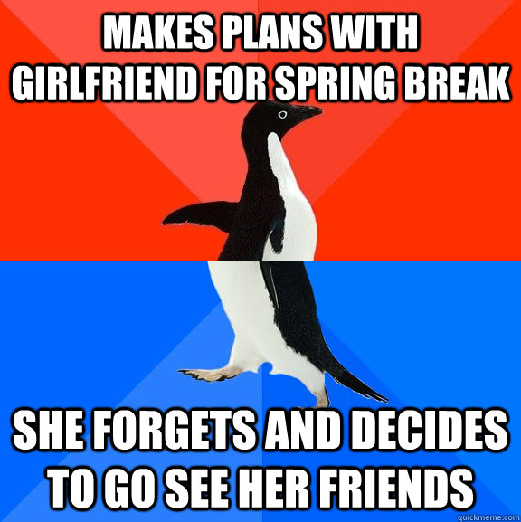 makes plans with girlfriend for spring break she forgets and decides to go see her friends  Socially Awesome Awkward Penguin