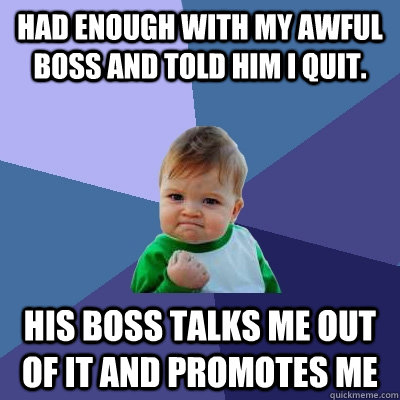 Had enough with my awful boss and told him I quit. His boss talks me out of it and promotes me - Had enough with my awful boss and told him I quit. His boss talks me out of it and promotes me  Success Kid