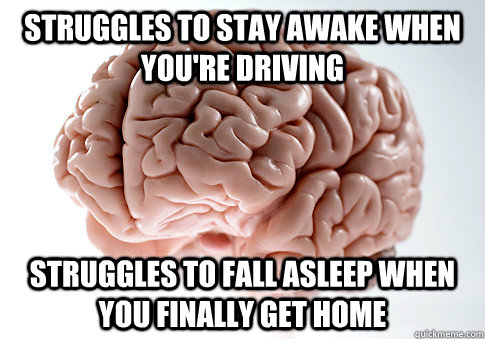 Struggles to stay awake when you're driving struggles to fall asleep when you finally get home   Scumbag Brain