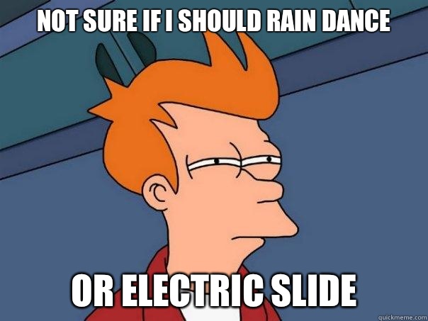Not sure if I should rain dance Or electric slide  Futurama Fry