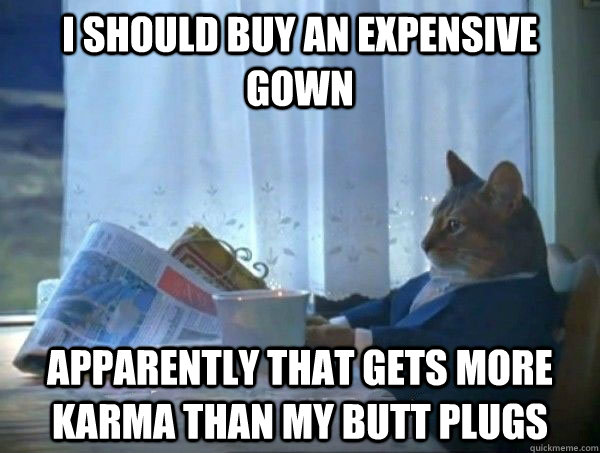 i should buy an expensive gown apparently that gets more karma than my butt plugs - i should buy an expensive gown apparently that gets more karma than my butt plugs  morning realization newspaper cat meme