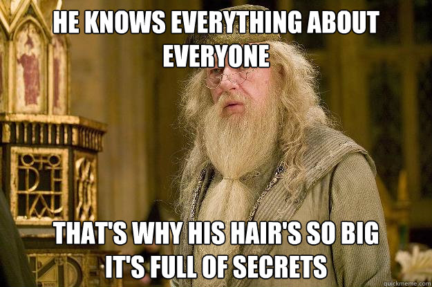 He knows everything about everyone That's why his hair's so big
it's FULL OF SECRETS  Dumbledore
