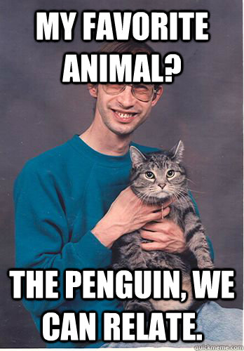 My favorite animal? The penguin, we can relate.  typical redditor