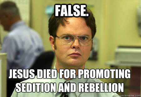 false.  
jesus died for promoting sedition and rebellion  - false.  
jesus died for promoting sedition and rebellion   Schrute