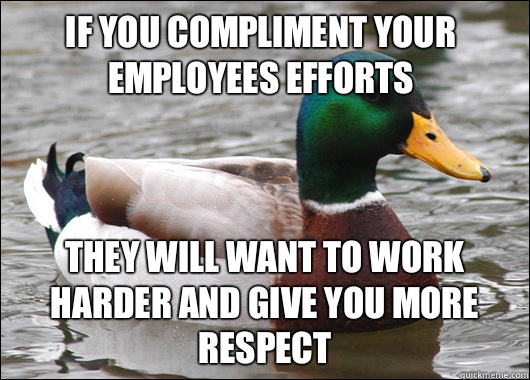 If you compliment your employees efforts They will want to work harder and give you more respect   Actual Advice Mallard