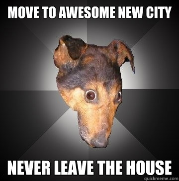 MOVE TO AWESOME NEW CITY NEVER LEAVE THE HOUSE - MOVE TO AWESOME NEW CITY NEVER LEAVE THE HOUSE  Depression Dog