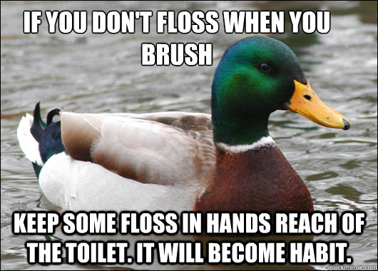 If you don't floss when you brush Keep some floss in hands reach of the toilet. It will become habit.  Actual Advice Mallard