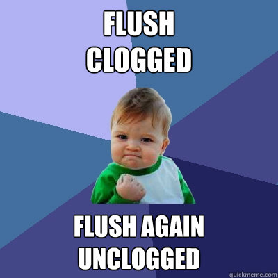 Flush 
Clogged Flush again
Unclogged  - Flush 
Clogged Flush again
Unclogged   Success Kid