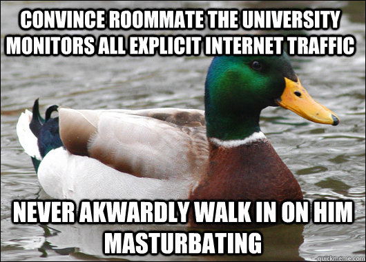 Convince roommate the university monitors all explicit internet traffic Never akwardly walk in on him masturbating  Actual Advice Mallard