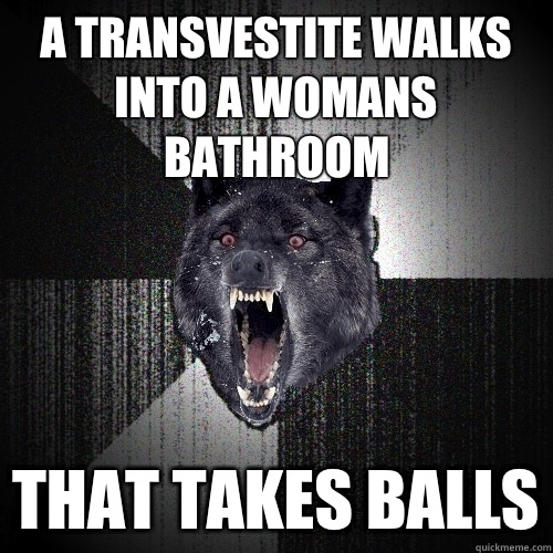 A transvestite walks into a womans bathroom That takes balls  Insanity Wolf