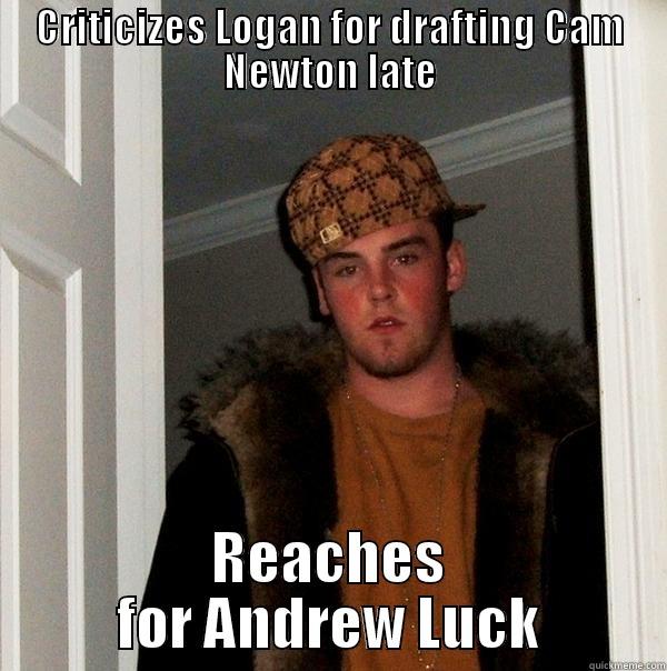 CRITICIZES LOGAN FOR DRAFTING CAM NEWTON LATE REACHES FOR ANDREW LUCK Scumbag Steve