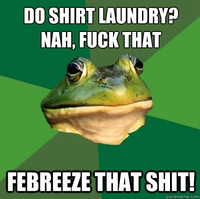 do shirt laundry?
nah, fuck that febreeze that shit!  Foul Bachelor Frog