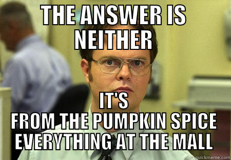 THE ANSWER IS NEITHER IT'S FROM THE PUMPKIN SPICE EVERYTHING AT THE MALL Dwight