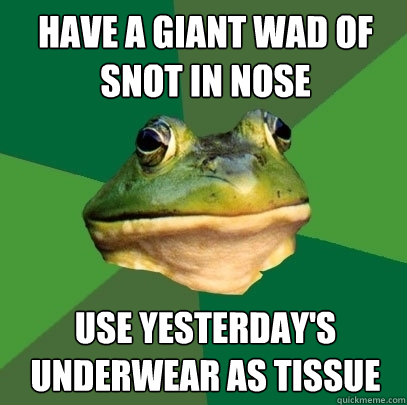 have a giant wad of snot in nose use yesterday's underwear as tissue  Foul Bachelor Frog