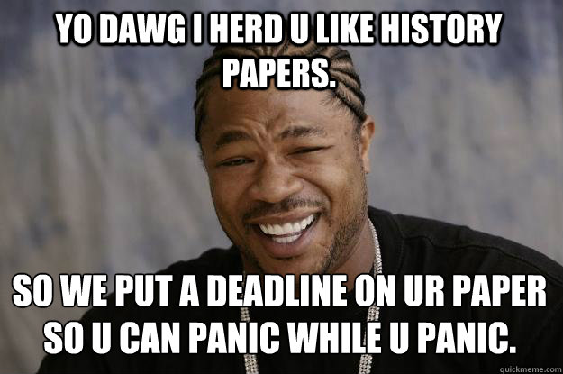 Yo Dawg I herd u like history papers. So we put a deadline on ur paper so u can panic while u panic.
  Xzibit meme