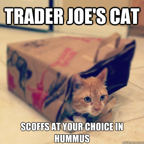 TRADER JOE'S CAT SCOFFS AT YOUR CHOICE IN HUMMUS  Trader Joes Cat
