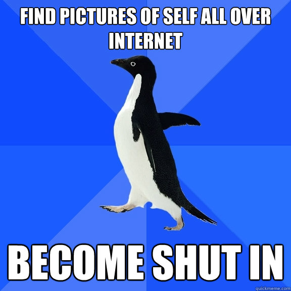 find pictures of self all over internet become shut in  Socially Awkward Penguin