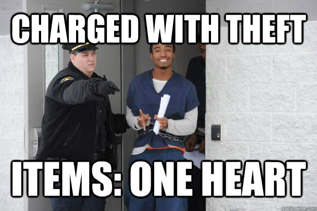 CHARGED with theft Items: one heart  Ridiculously Photogenic Prisoner