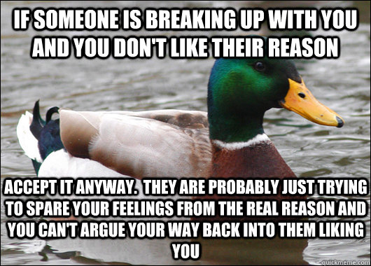 if someone is breaking up with you and you don't like their reason accept it anyway.  They are probably just trying to spare your feelings from the real reason and you can't argue your way back into them liking you  Actual Advice Mallard