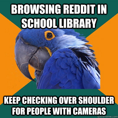 Browsing Reddit in school library Keep checking over shoulder for people with cameras  Paranoid Parrot