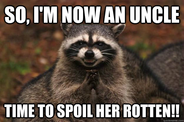 So, I'm now an uncle time to spoil her rotten!!  Evil Plotting Raccoon