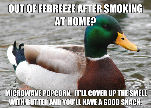 Out of Febreeze after smoking at home?  Microwave popcorn.  It'll cover up the smell with butter and you'll have a good snack.  Actual Advice Mallard