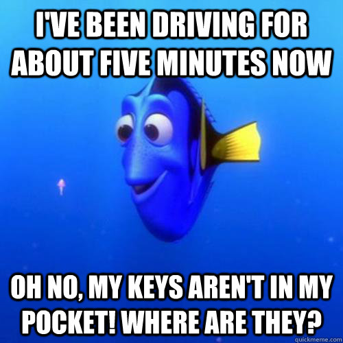 I've been driving for about five minutes now oh no, my keys aren't in my pocket! Where are they?  dory