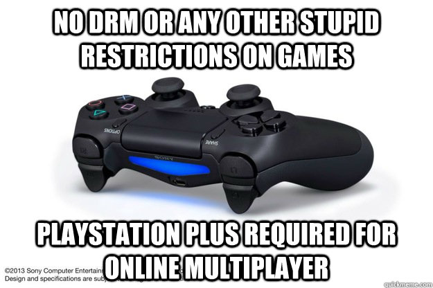 No drm or any other stupid restrictions on games Playstation PLUS REQUIRED FOR ONLINE MULTIPLAYER  