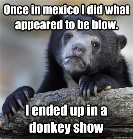 Once in mexico I did what appeared to be blow. I ended up in a donkey show  Confession Bear