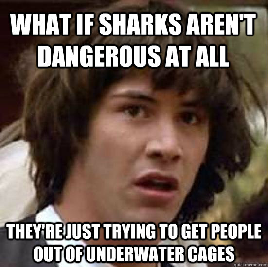 WHAT IF SHARKS AREN'T DANGEROUS AT ALL THEY'RE JUST TRYING TO GET PEOPLE OUT OF UNDERWATER CAGES  conspiracy keanu