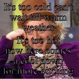 IT'S TOO COLD CAN'T WAIT TILL WARM WEATHER IT'S TOO HOT NOW HERE COMES A COOL DOWN FOR MORE BITCHING Condescending Wonka