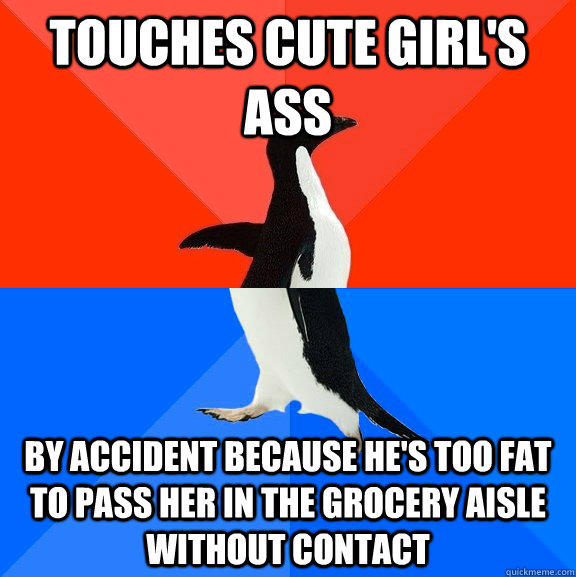 Touches cute girl's ass by accident because he's too fat to pass her in the grocery aisle without contact  Socially Awesome Awkward Penguin