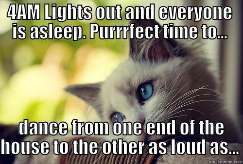4AM LIGHTS OUT AND EVERYONE IS ASLEEP. PURRRFECT TIME TO...  DANCE FROM ONE END OF THE HOUSE TO THE OTHER AS LOUD AS... First World Problems Cat