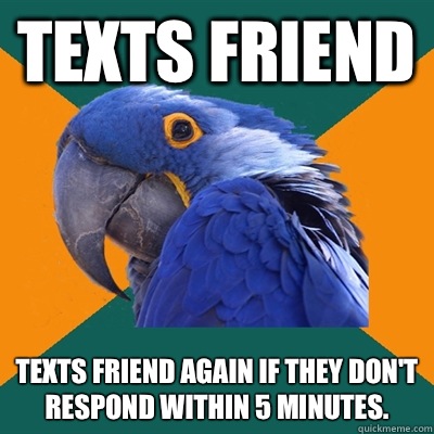 Texts friend Texts friend again if they don't respond within 5 minutes.  Paranoid Parrot