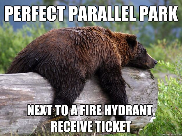 Perfect Parallel Park  next to a fire hydrant, 
receive ticket  - Perfect Parallel Park  next to a fire hydrant, 
receive ticket   Bad News Bear