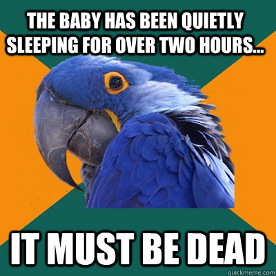 The baby has been quietly sleeping for over two hours... It must be dead  Paranoid Parrot
