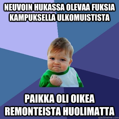Neuvoin hukassa olevaa fuksia kampuksella ulkomuistista  Paikka oli oikea remonteista huolimatta  Success Kid