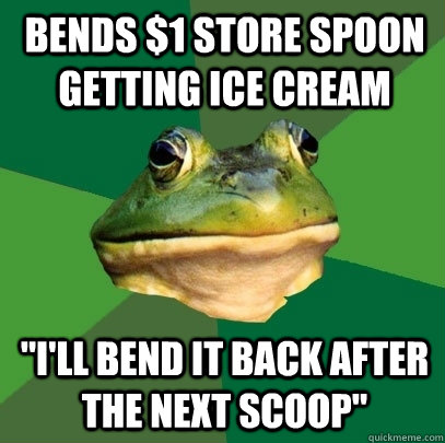 bends $1 store spoon getting ice cream 