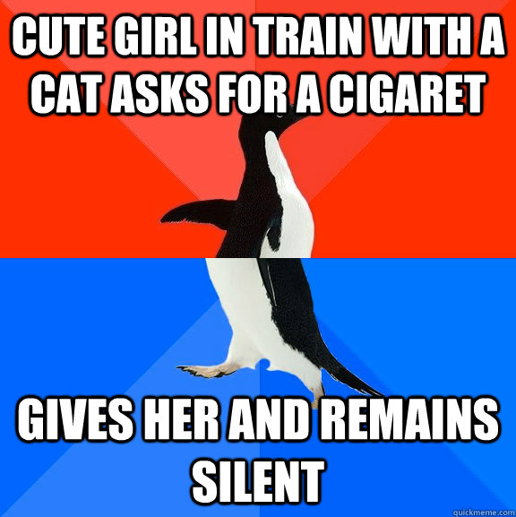 Cute girl in train with a cat asks for a cigaret Gives her and remains silent  Socially Awesome Awkward Penguin