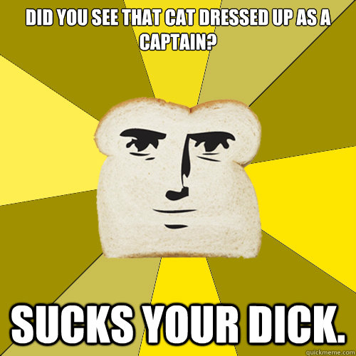 Did you see that cat dressed up as a captain? Sucks your dick.   Breadfriend